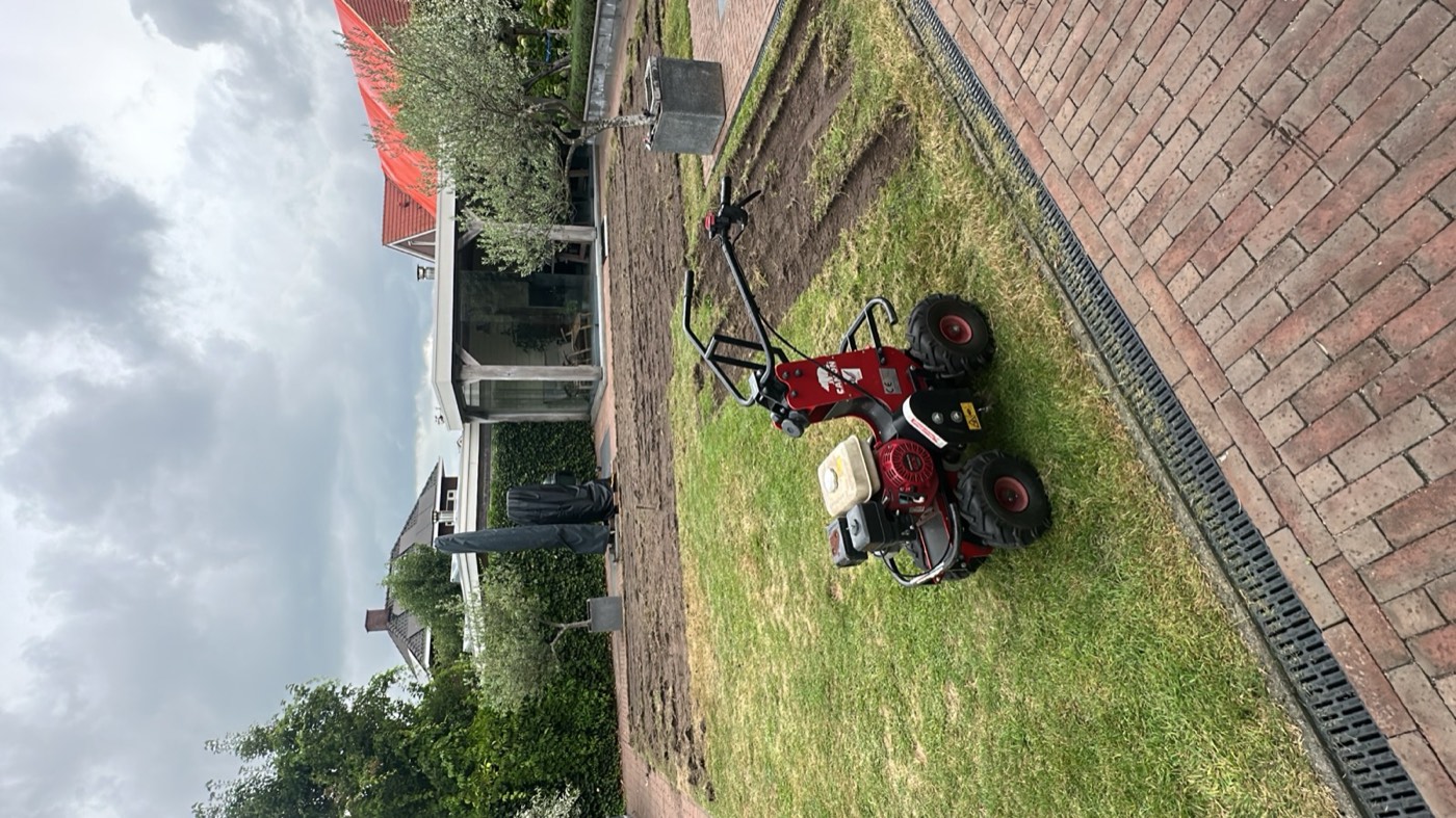 Zodensteker op het oude gazon, de eerste stroken gras zijn gestoken